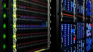 Rows of server racks in a high-density computing room, representing the xAI Colossus data center facility in Memphis that faces gas turbine emissions permit scrutiny.
