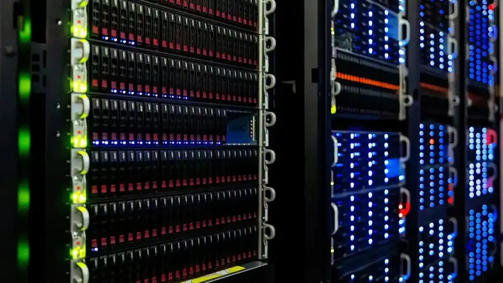 Rows of server racks in a computing room used for high-density data processing