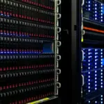 Rows of server racks in a computing room used for high-density data processing