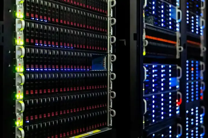 Rows of server racks in a computing room used for high-density data processing
