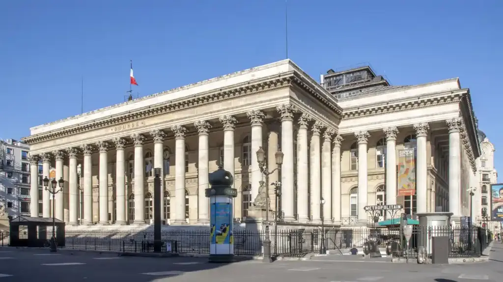 Facade of Palais Brongniart, the former Paris stock exchange, in Paris.