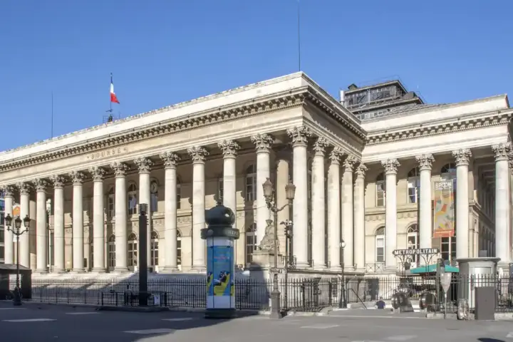 Facade of Palais Brongniart, the former Paris stock exchange, in Paris.