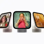 Frontal product lineup of Apple HomeView smart display units with 7-inch Liquid Retina screens mounted on domed speaker bases and wall fixtures.