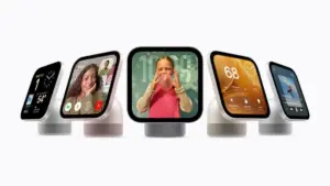 Frontal product lineup of Apple HomeView smart display units with 7-inch Liquid Retina screens mounted on domed speaker bases and wall fixtures.