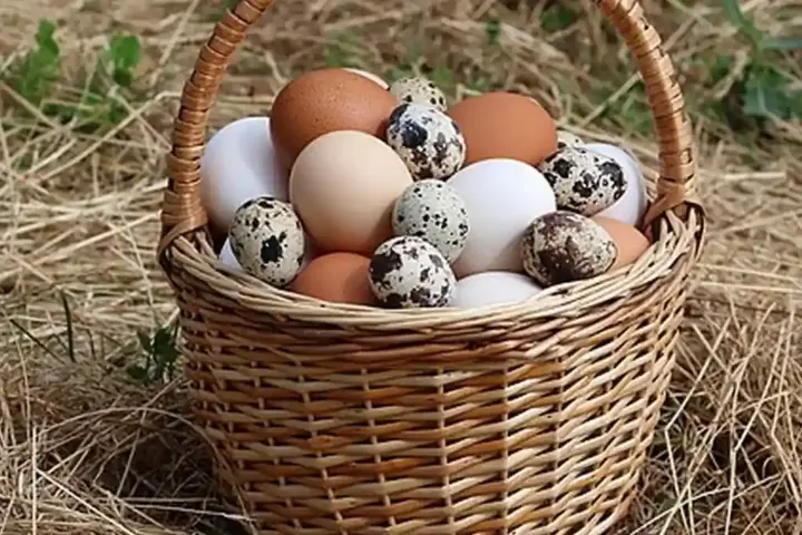 Fresh chicken eggs in a basket.