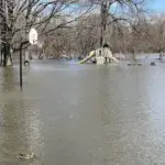 Flooded urban park after storm surge