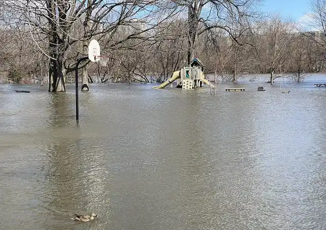 Flooded urban park after storm surge
