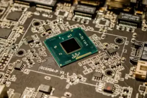 Close-up of a computer microchip on a circuit board