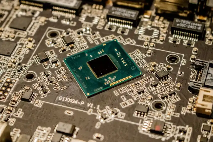 Close-up of a computer microchip on a circuit board