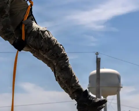 U.S. Air Force Tactical Air Control Party airman rappelling during training at Joint Base San Antonio–Camp Bullis.