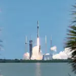 Falcon 9 rocket lifting off from Space Launch Complex 40 at Cape Canaveral Space Force Station.