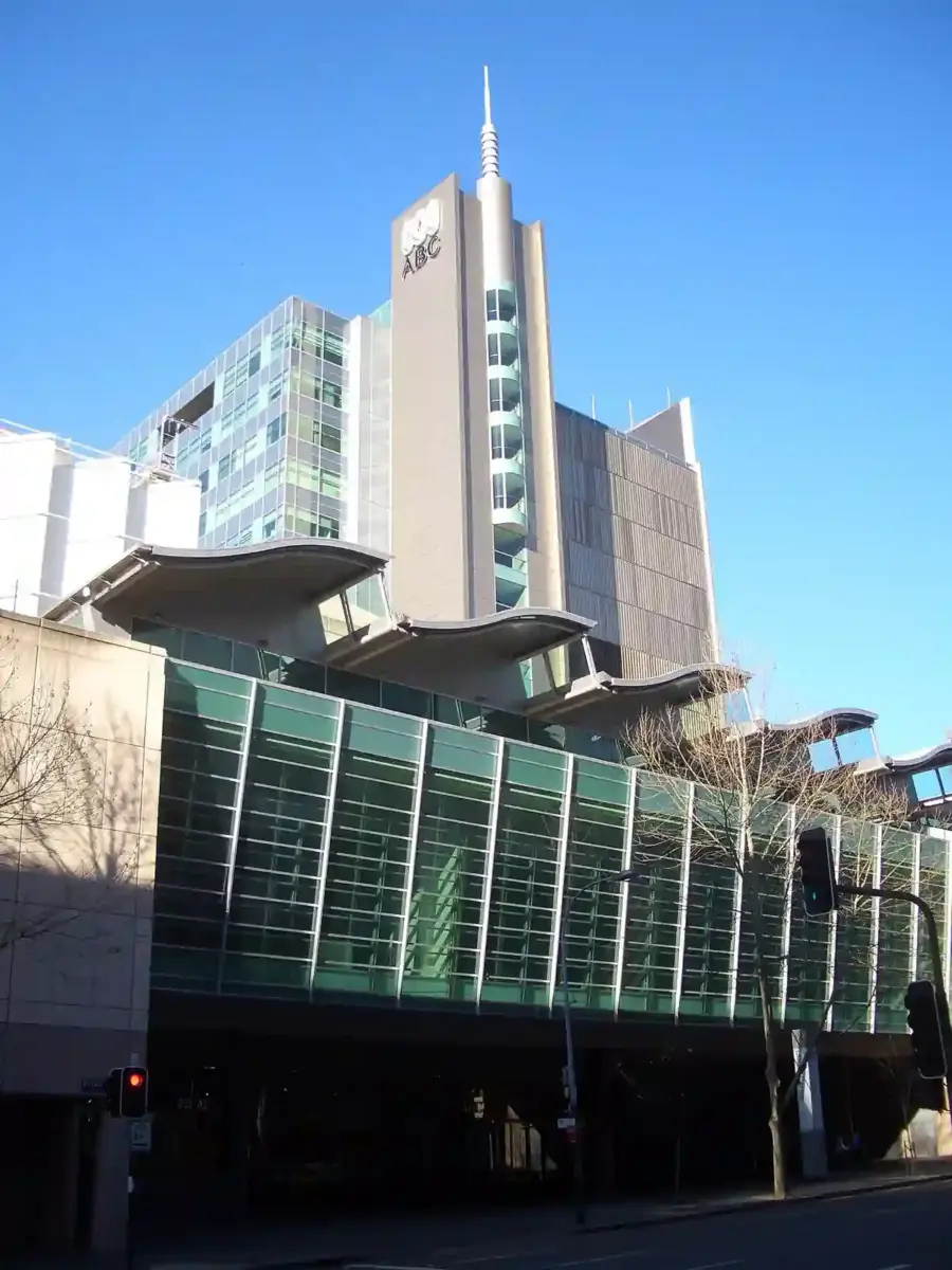 Exterior street-level view of the Australian Broadcasting Corporation headquarters building in Ultimo, Sydney.