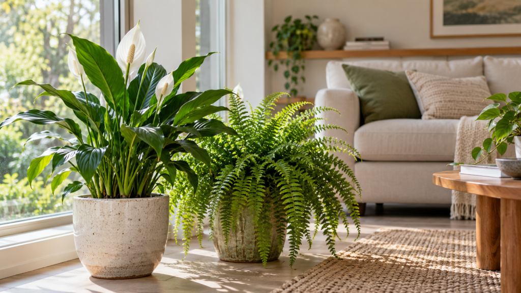 AI-generated image of houseplants in a naturally lit living room