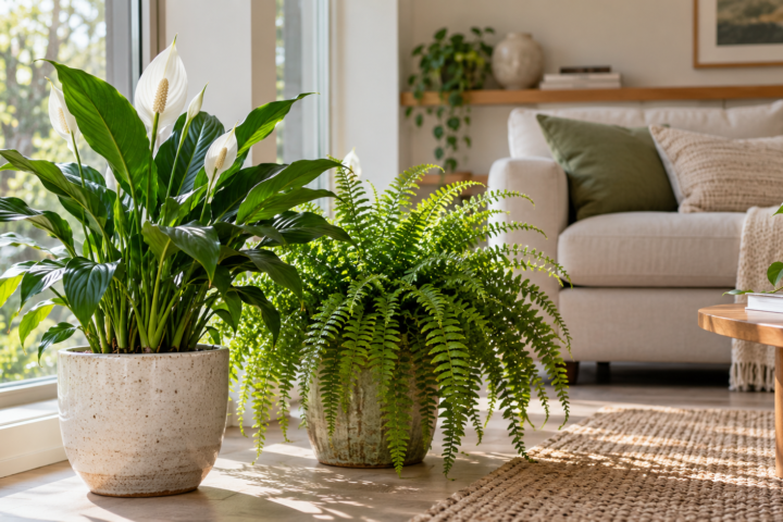 AI-generated image of houseplants in a naturally lit living room