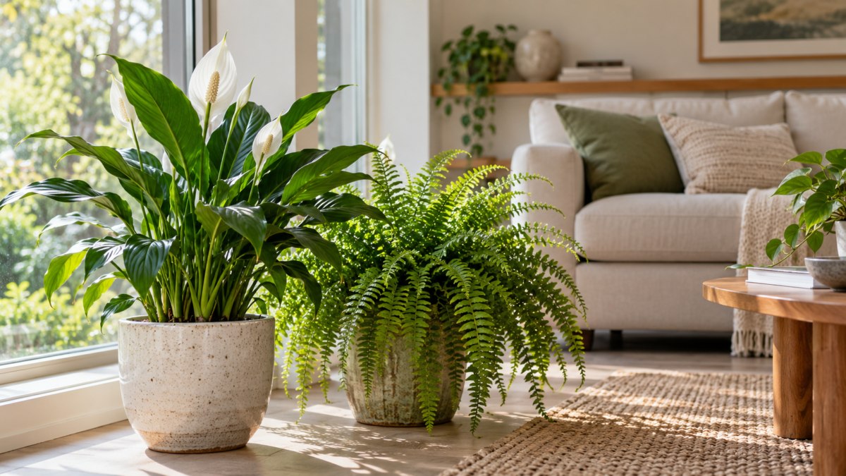 AI-generated image of houseplants in a naturally lit living room