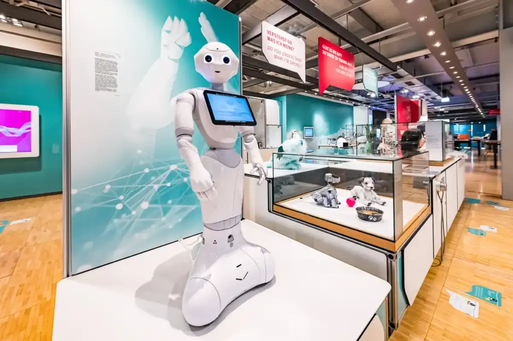 An exhibition showcasing artificial intelligence and robotics technology.