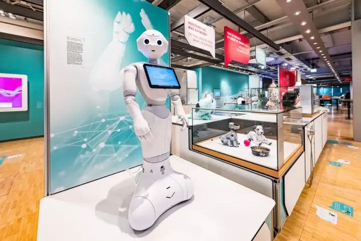 An exhibition showcasing artificial intelligence and robotics technology.