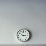 Close-up of a round analog wall clock face with black numerals and hands on a plain background