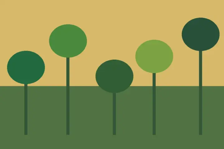 Illustration of varied plants under a warm ancient sky