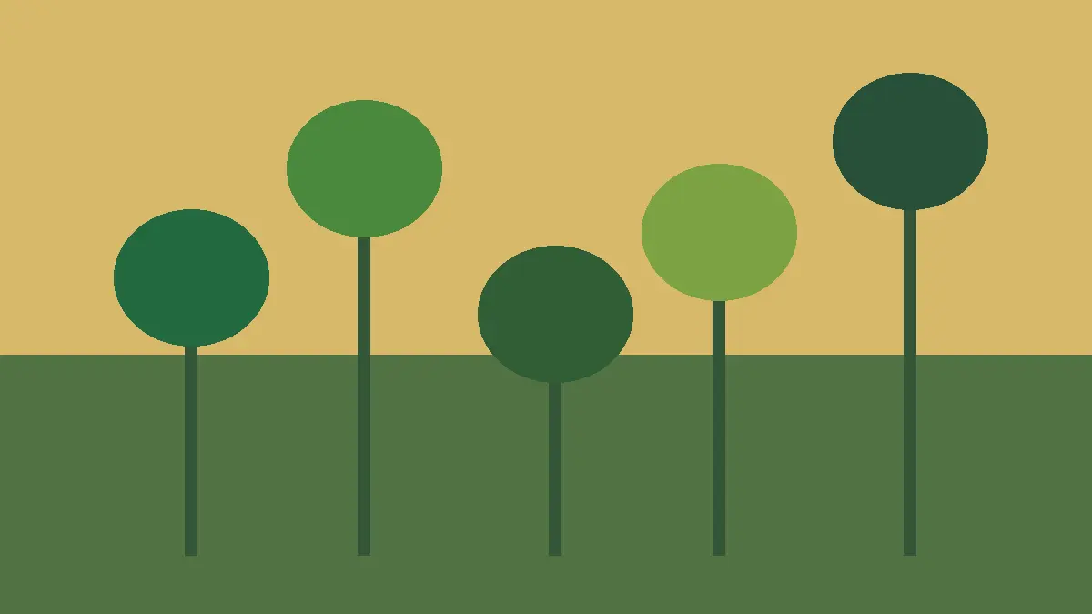 Illustration of varied plants under a warm ancient sky