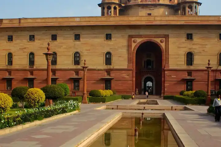 Exterior view of the North Block building of the Central Secretariat in New Delhi, housing the Ministry of Finance