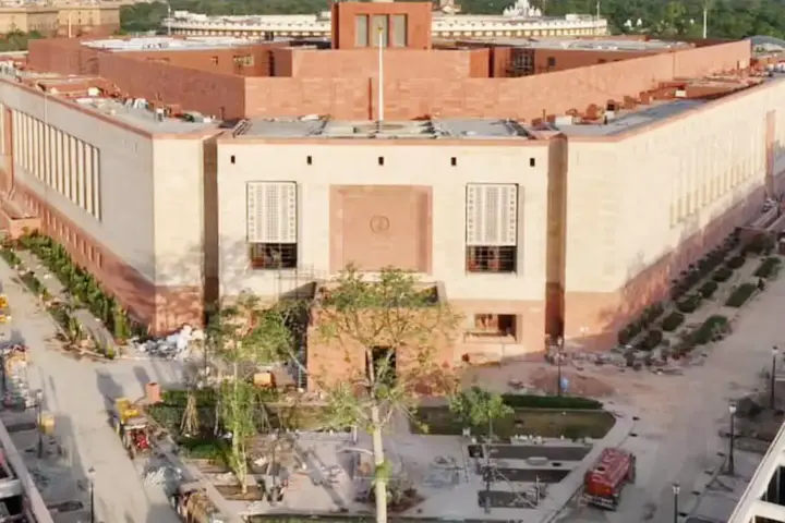 Exterior architectural view of the Parliament House building in New Delhi