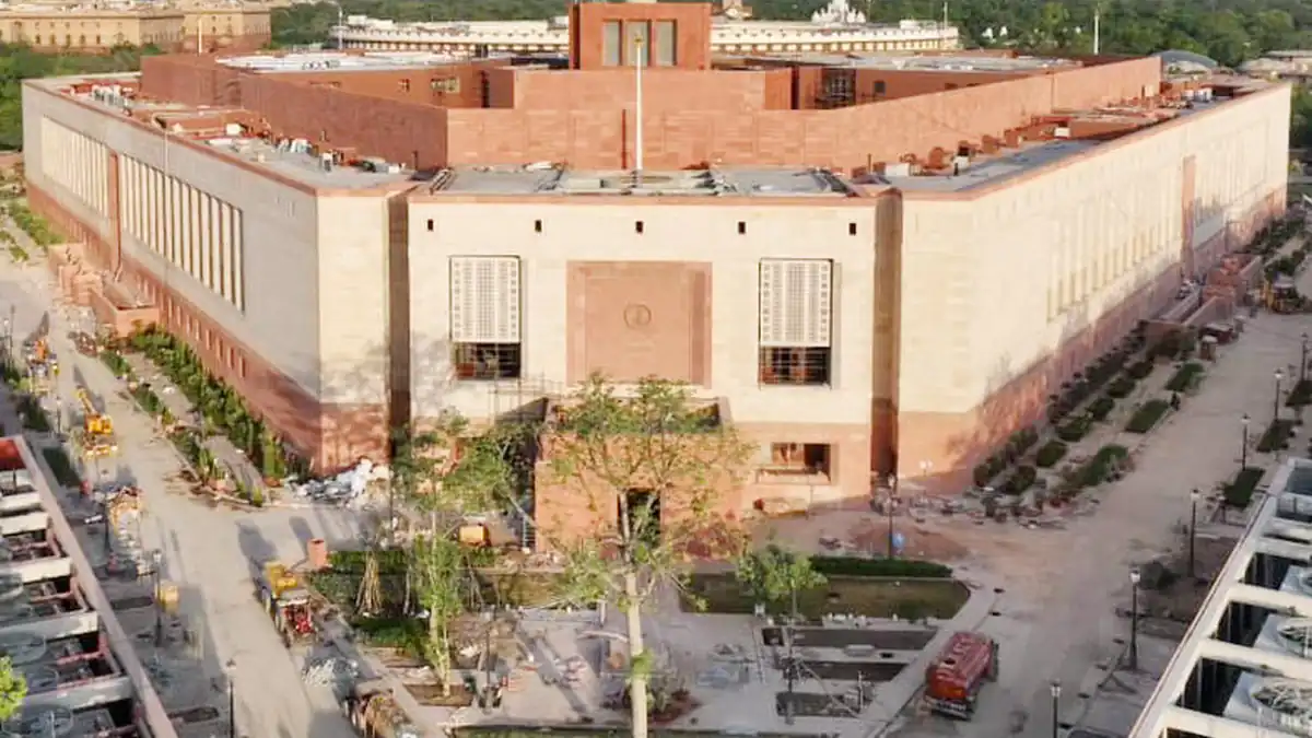 Exterior architectural view of the Parliament House building in New Delhi