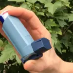 Close-up photograph of a hand holding a blue plastic metered-dose asthma inhaler outdoors in front of green leaves.