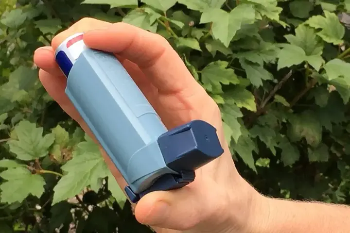 Close-up photograph of a hand holding a blue plastic metered-dose asthma inhaler outdoors in front of green leaves.