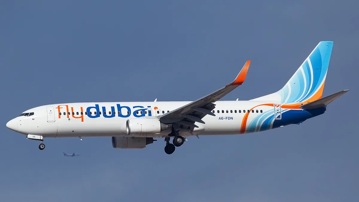 Flydubai Boeing 737-800 approaching Dubai International Airport.