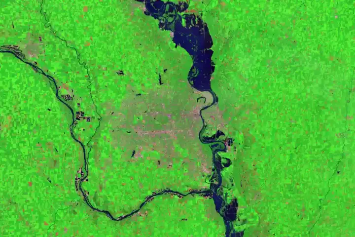 Archive aerial photograph showing flooding around Omaha Nebraska