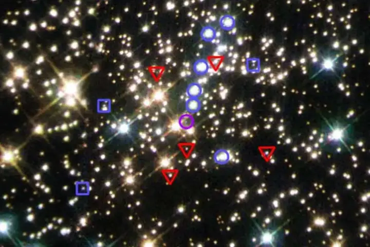 Hubble image showing white dwarf stars in the globular cluster NGC 6397.