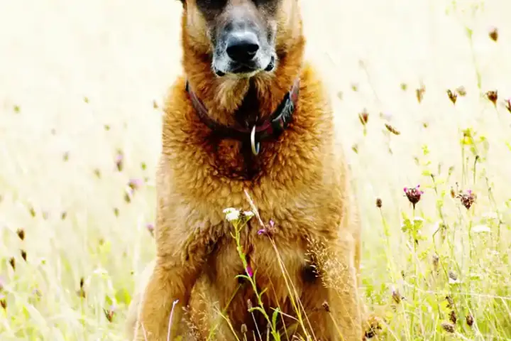 Athletic tan-and-black Belgian Malinois standing attentively outdoors.