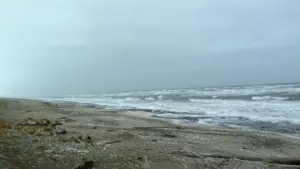 Heavy surf and storm waves crashing along a rocky Bering Sea coastline under overcast skies
