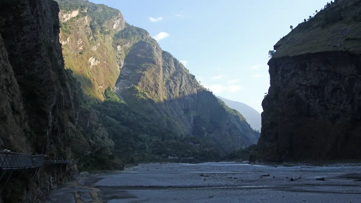 Mountain river terrain along the Budhi Gandaki in Gorkha District, Nepal.