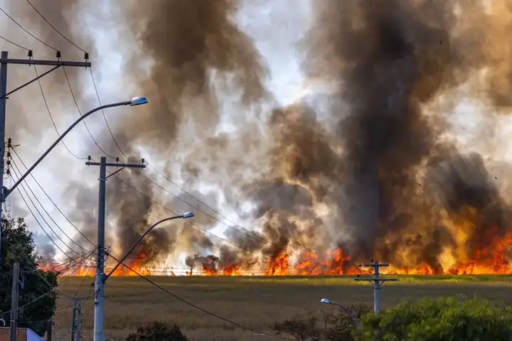 Wildfire burning across a rural field under a clear sky
