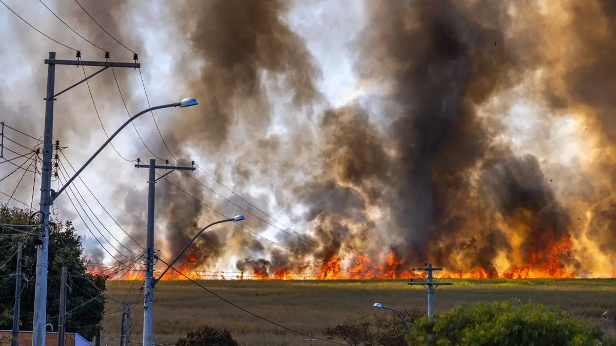 Wildfire burning across a rural field under a clear sky