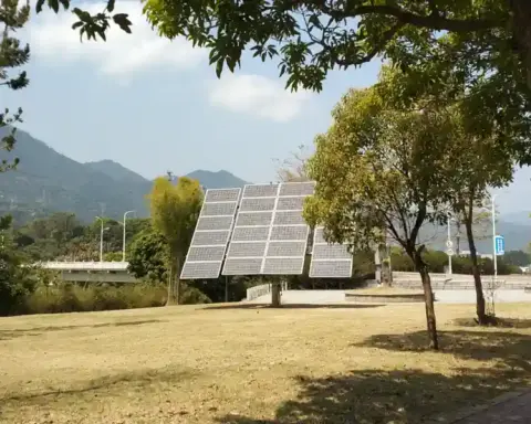 Solar panels beside the Xiyuan River in China