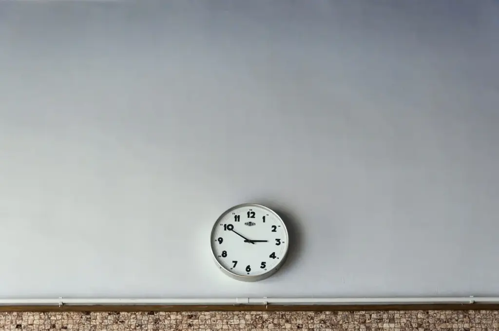 Close-up of a round analog wall clock face with clean hour numerals and dark hands.