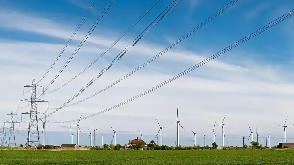 Wind turbines across a green field beside an electricity pylon and transmission lines