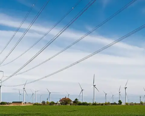 Wind turbines across a green field beside an electricity pylon and transmission lines