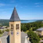 High-angle daytime perspective of McGraw Clock Tower surrounded by academic buildings and trees on the Cornell University campus