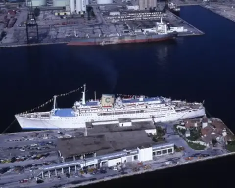 A large cruise ship moored at a port with passengers and a gangway