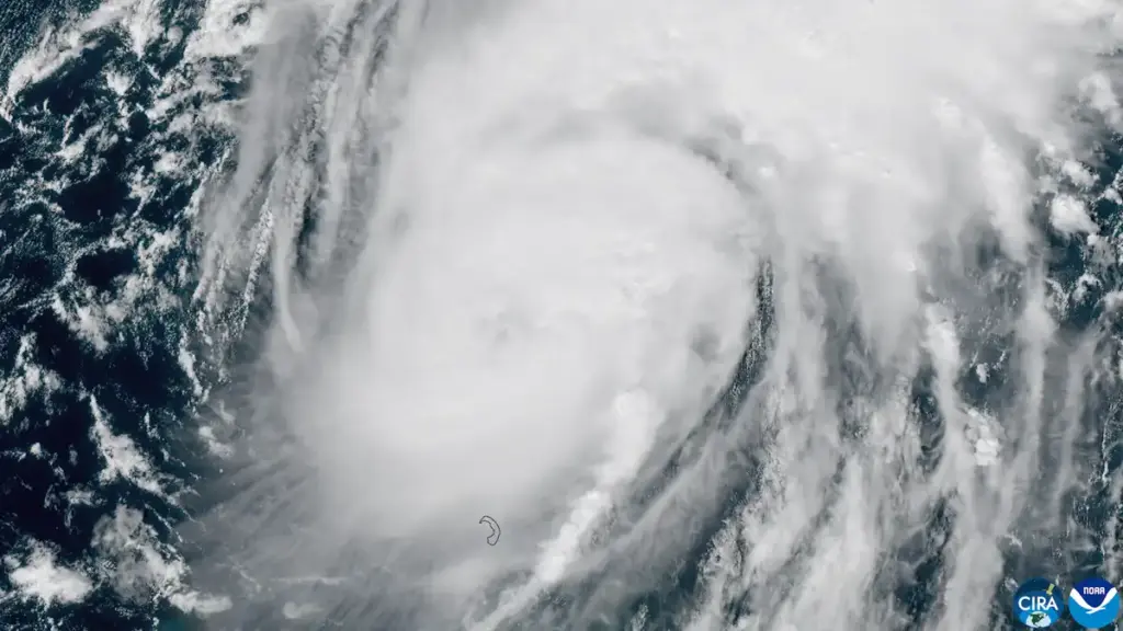 High-resolution meteorological satellite view showing the organized cloud canopy and eye of Category 3 Hurricane Isaias over the Gulf of Mexico.