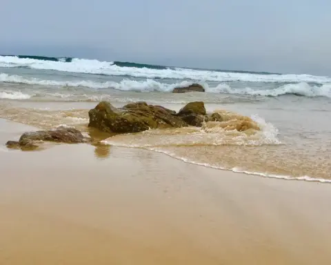 Waves break along the Bay of Bengal coast near Visakhapatnam.