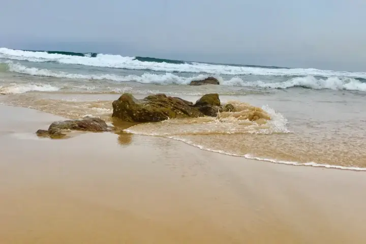 Waves break along the Bay of Bengal coast near Visakhapatnam.