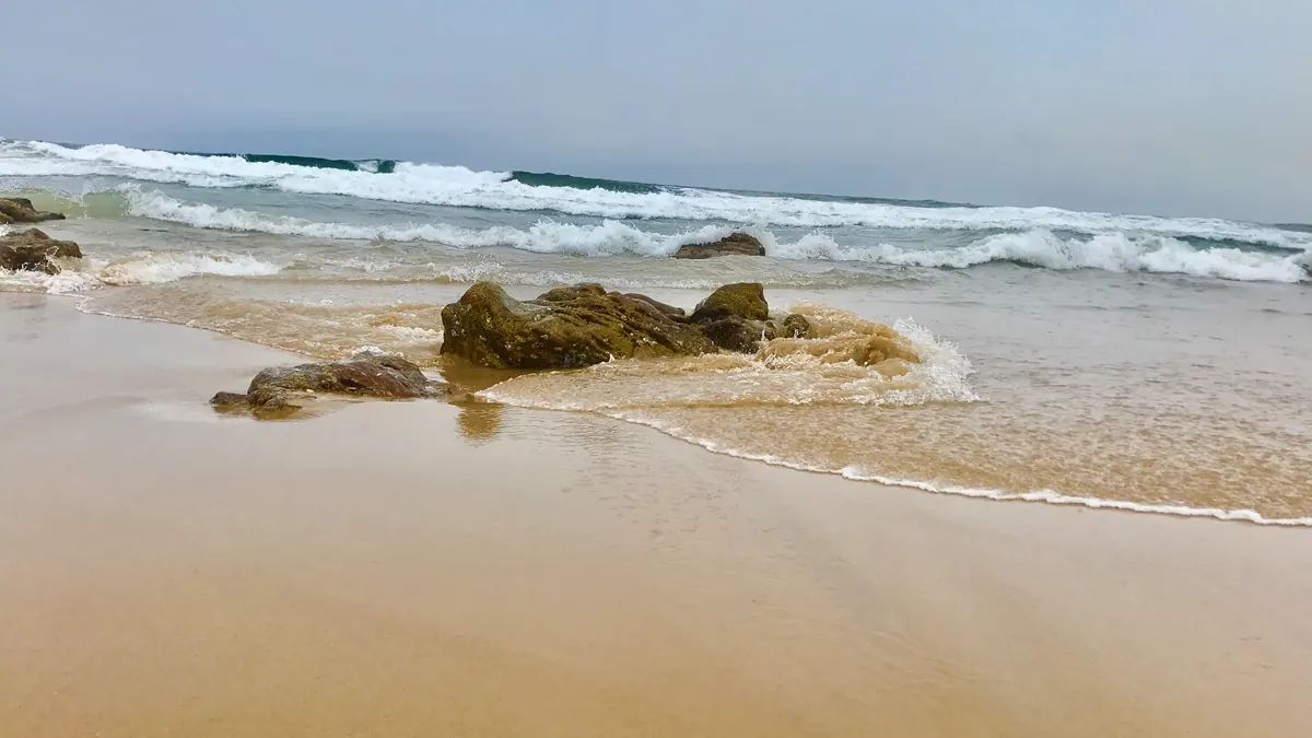 Waves break along the Bay of Bengal coast near Visakhapatnam.