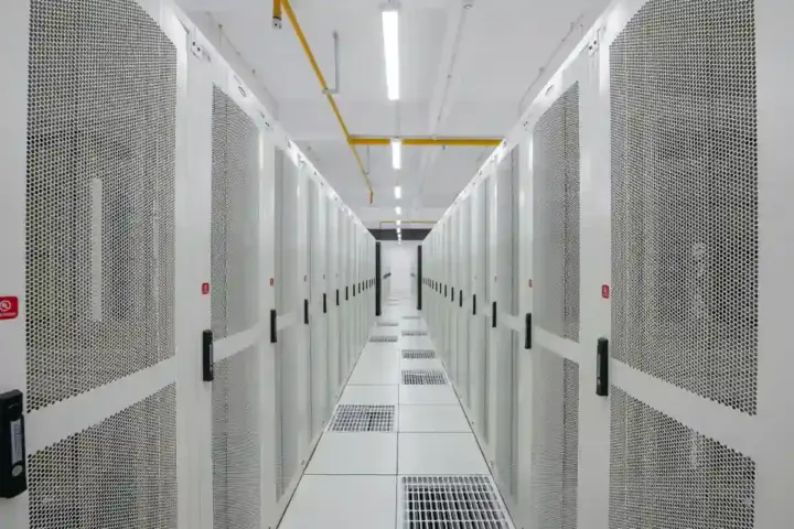 Rows of illuminated enterprise computer servers and network cables inside a modern cloud computing data center.