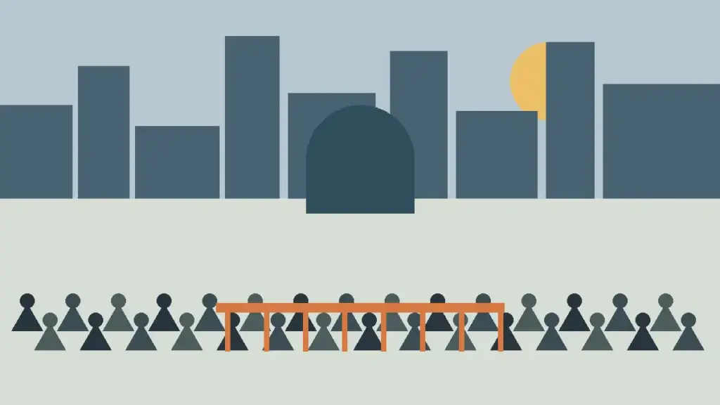 Original neutral illustration of an urban protest scene with a crowd behind a barrier.