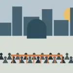 Original neutral illustration of an urban protest scene with a crowd behind a barrier.